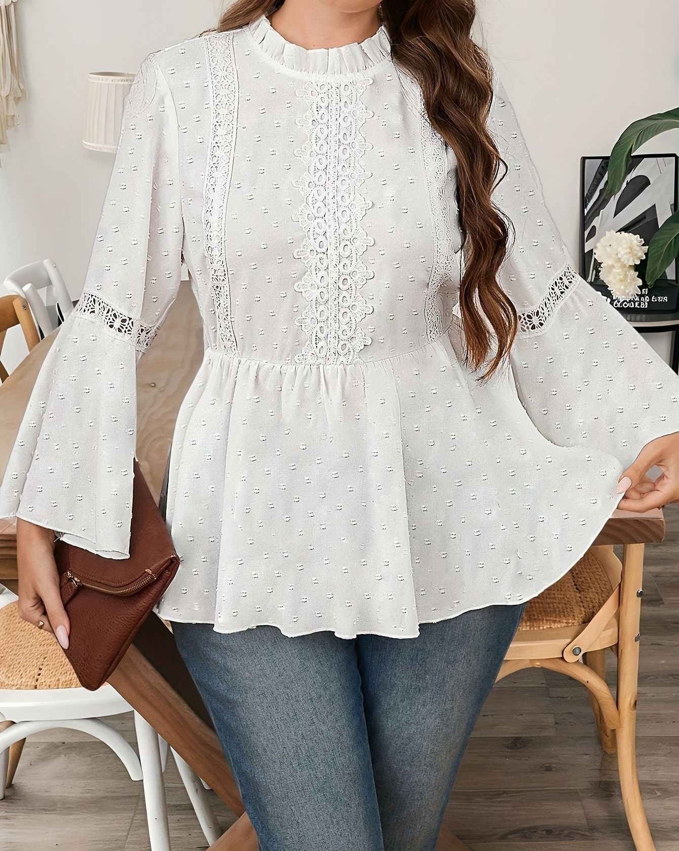 Women's Plus Size Pure Color Lace Ruffle Sleeve Shirt – Elegant Long Sleeve Casual Top