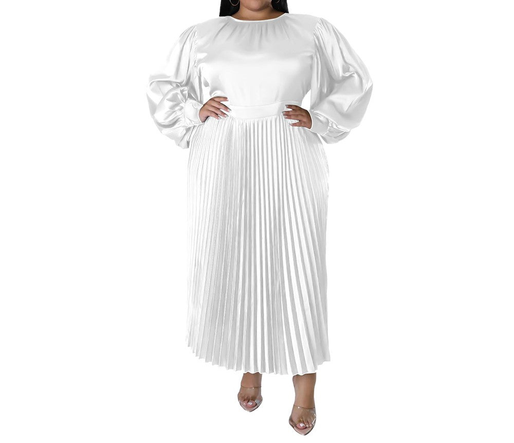Plus Size Long-Sleeve Pleated Round-Neck Midi Dress for Women – Autumn/Winter Solid Color Casual Elegant Outfit