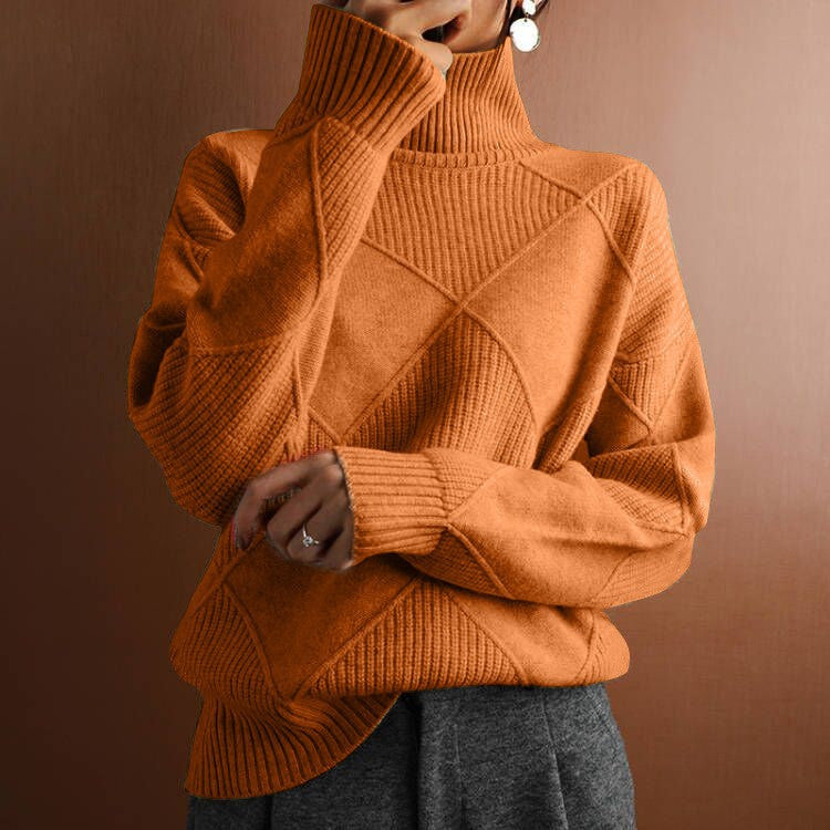 Women's Loose Elegant High-Neck Knitwear - Solid Color Commuter Sweater