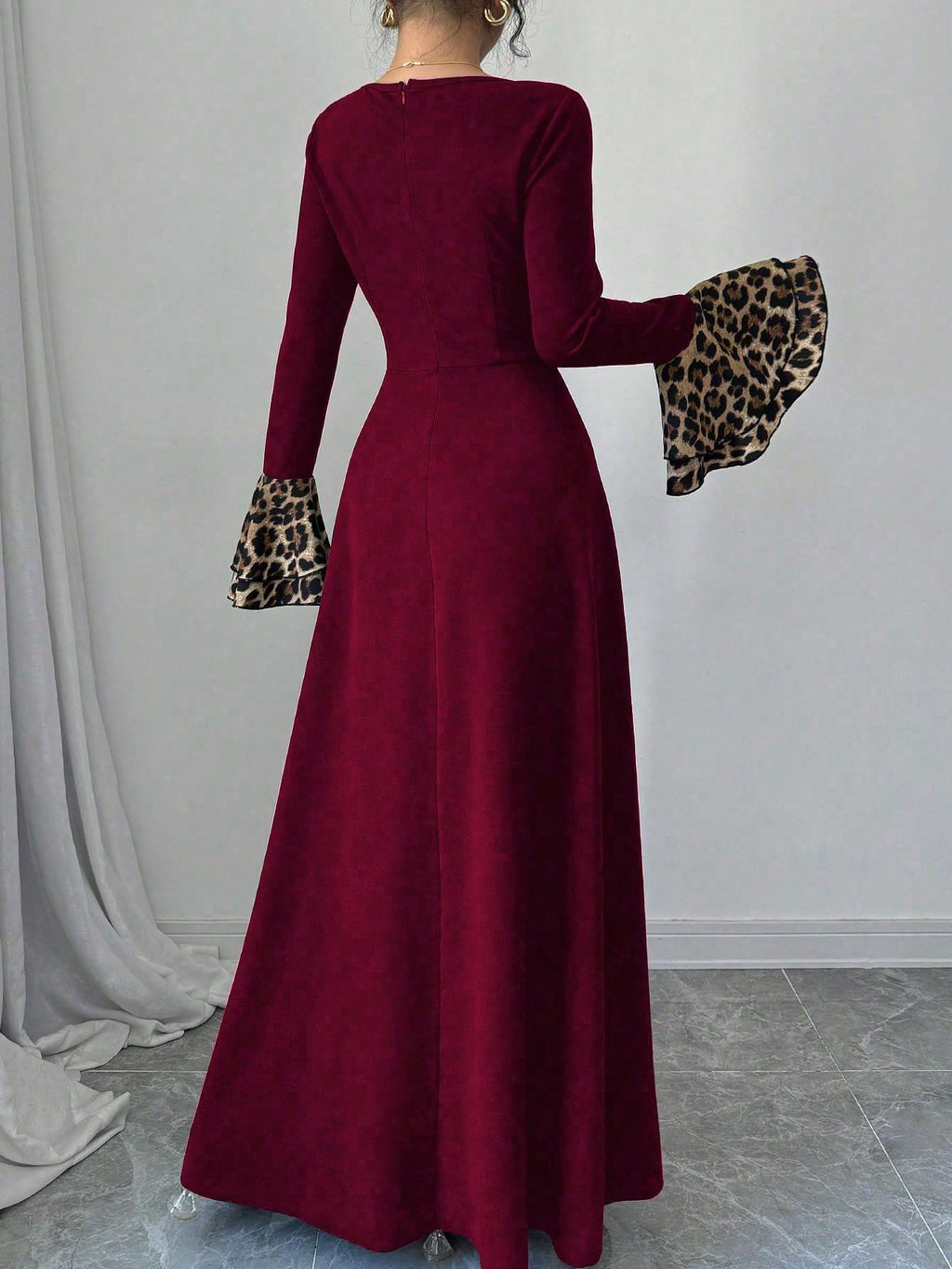 Women's Autumn Winter Leopard Print Contrast Color Trumpet Sleeve Midi Dress