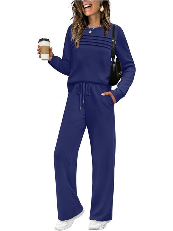 Women's Long Sleeve Round Neck Top and Elastic Waist Wide-Leg Pants Two-Piece Set