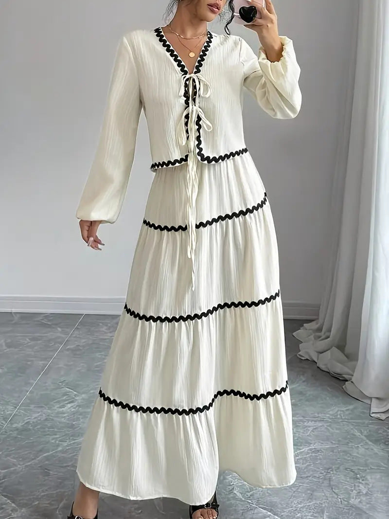 Women's Lace Layered Pleated Lantern Sleeve Bow Shirt and Matching Skirt Two-Piece Set