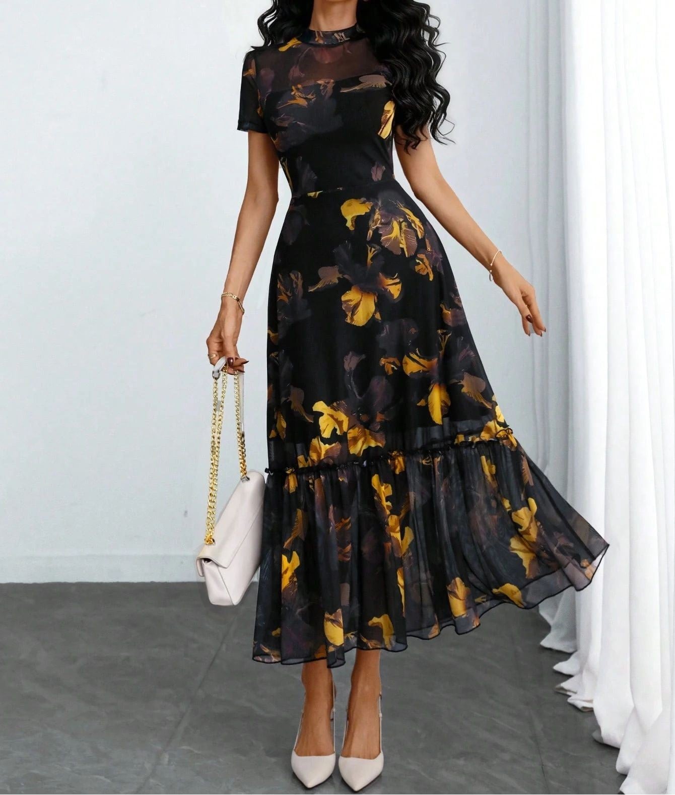 Women's Elegant Printed Mesh Long Dress – New Style Floral Print Maxi Dress with Lightweight Long Sleeves for Casual, Party, Vac