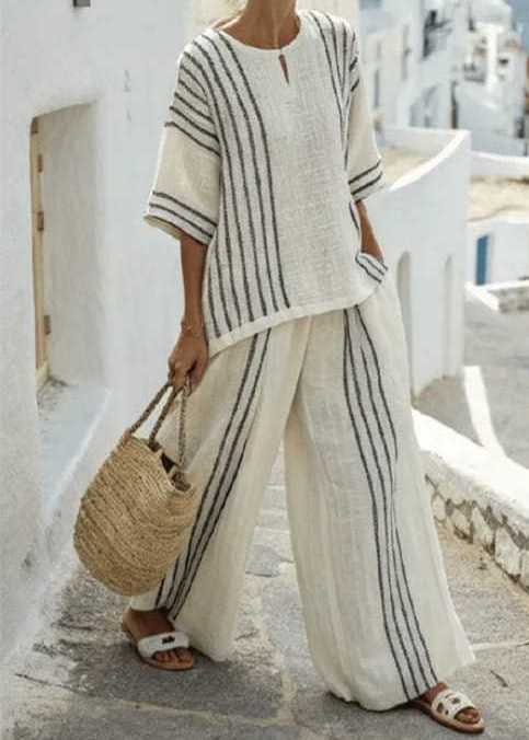 Women's Round Neck Striped Short-Sleeved Top with Casual Pants Two-Piece Outfit Set