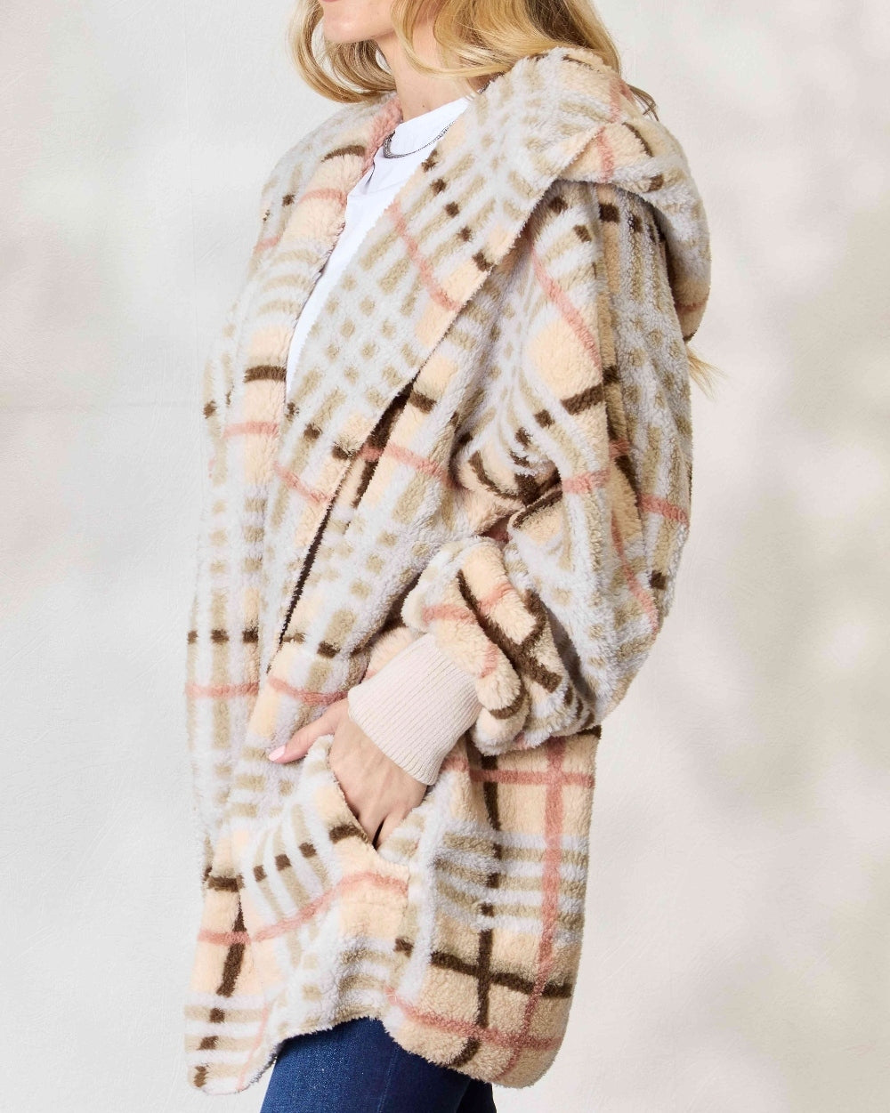 Women's H&T Checked Faux Fur Hooded Jacket