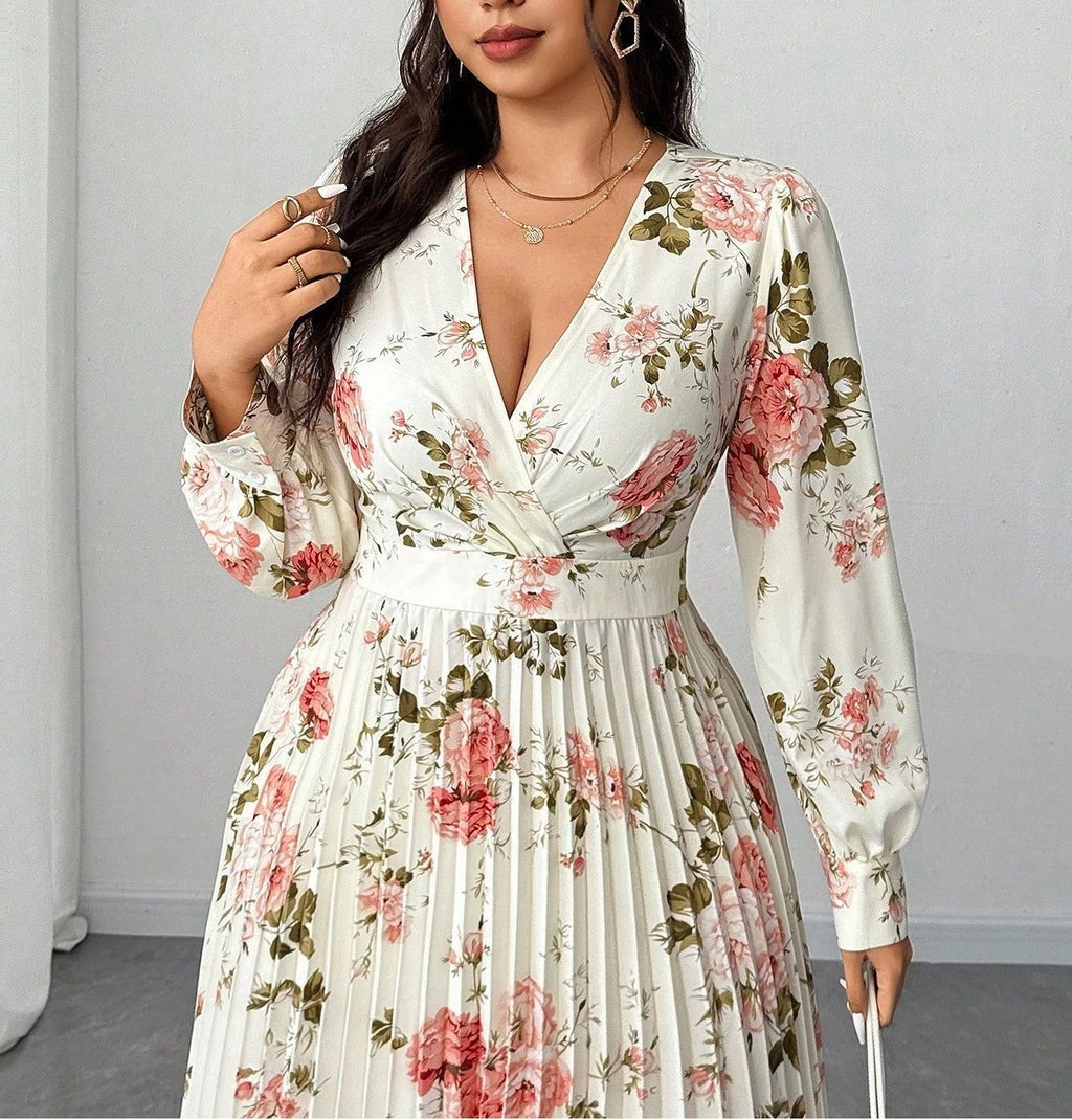 Floral Print Plus Size Long Dress for Women V-Neck Long Sleeve Pleated Waist-Defining Maxi Dress