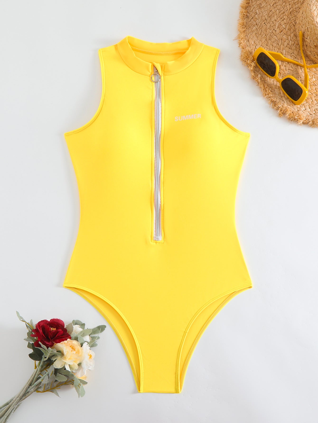 Solid Color High Collar Zipper One-Piece Surfing Suit Bikini Briefs