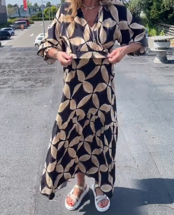 New Spring and Summer Loose V-Neck Copper Coin Print Casual Dress for Women