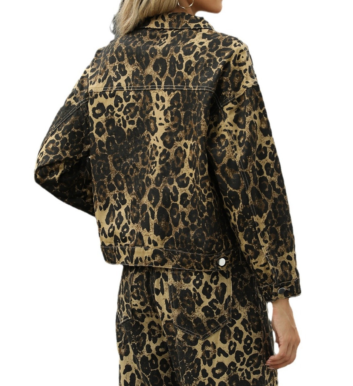 Women's Washed Denim Leopard Print Two-Piece Suit