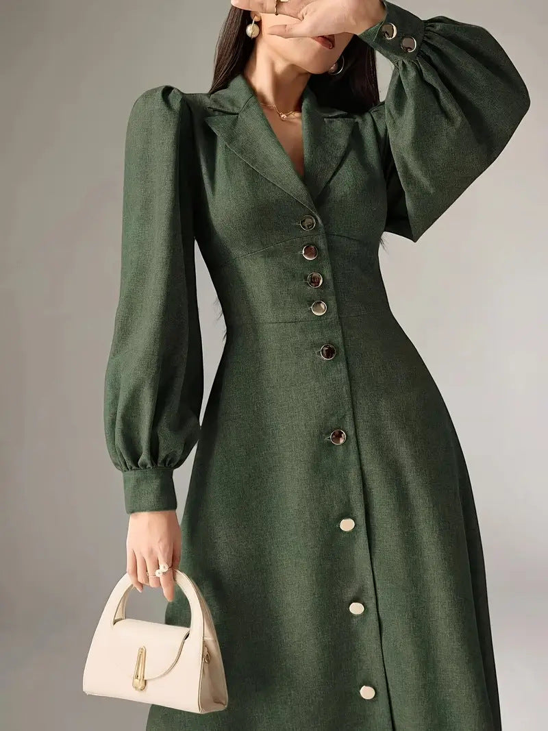 Women's Solid Color Puff Sleeve Button Front Casual Midi Dress