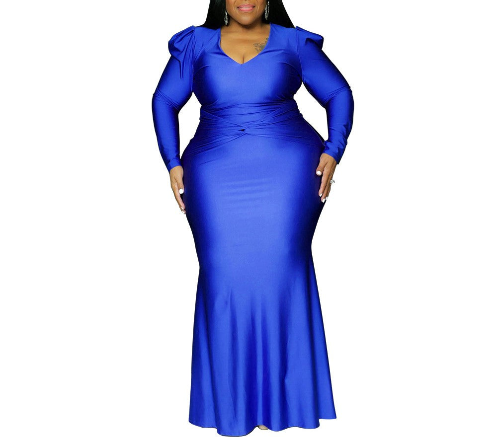 Plus Size Women's V-Neck Long Sleeve Solid Color Nightclub Maxi Dress – Autumn & Winter Elegant Long Skirt