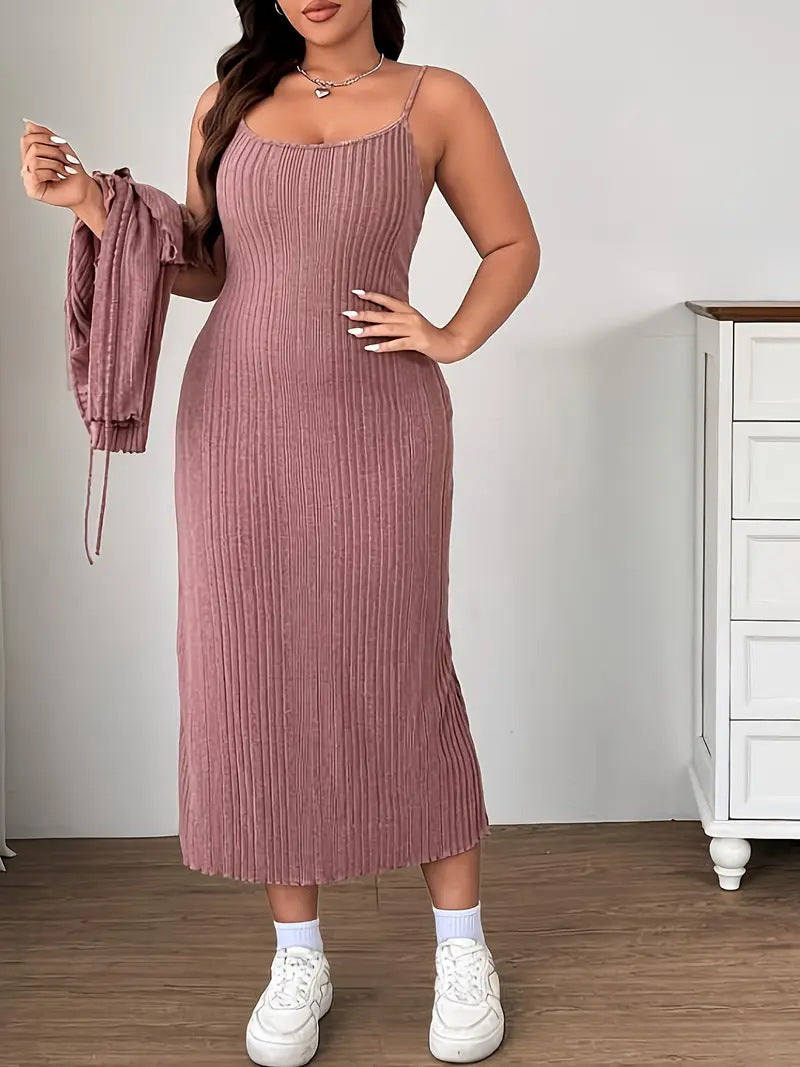 Women's Plus Size Lace-Up Knitted Suspender Dress Two-Piece Set Long Sleeve Autumn Winter Casual Outfit
