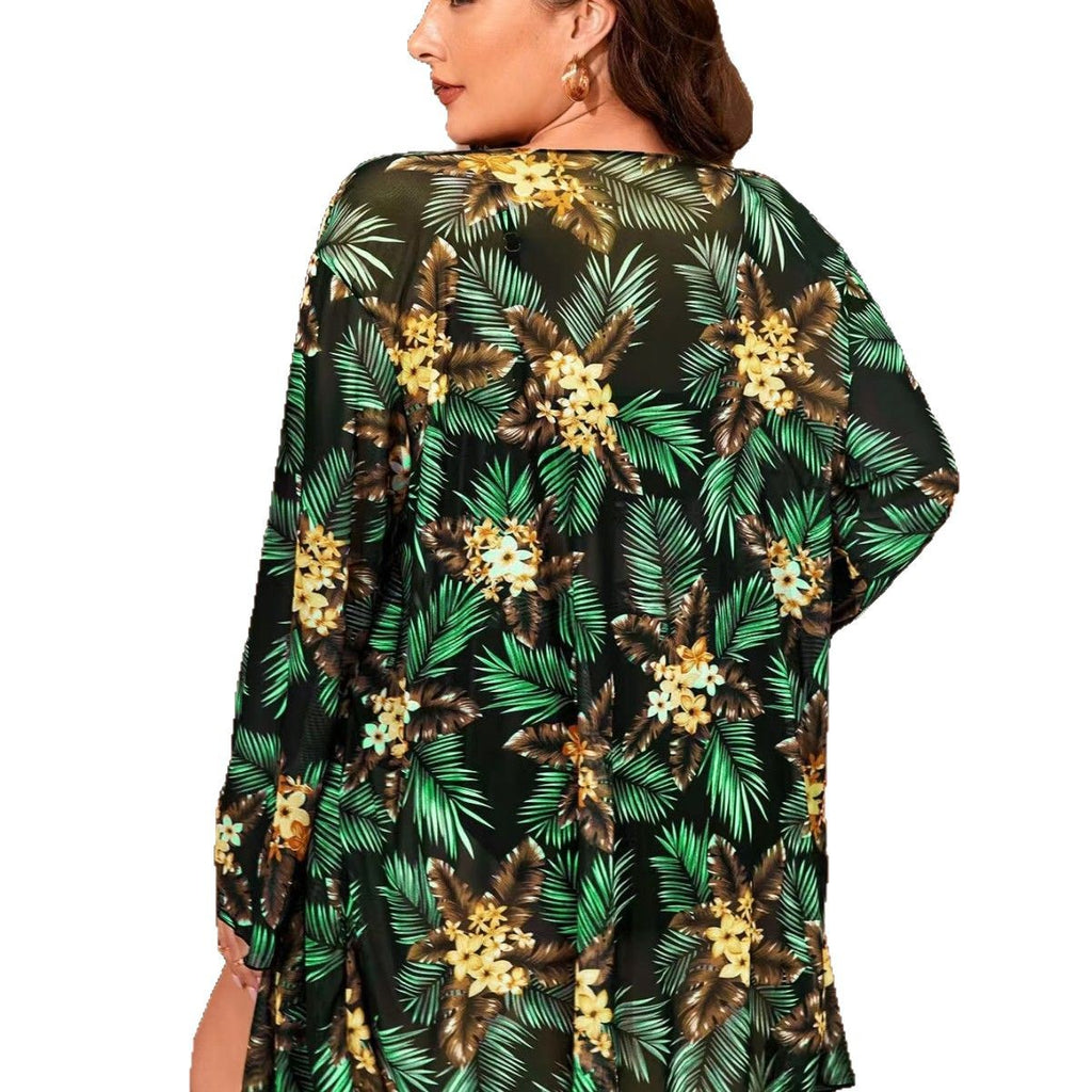 Plus Size Three-Piece Swimsuit Set with Digital Print Mesh Cover-Up – Women’s Beach Sun Protection Swimwear