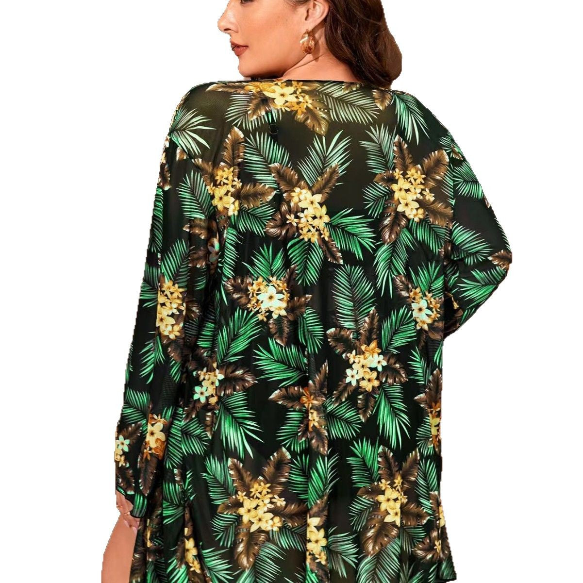 Plus Size Three-Piece Swimsuit Set with Digital Print Mesh Cover-Up – Women’s Beach Sun Protection Swimwear