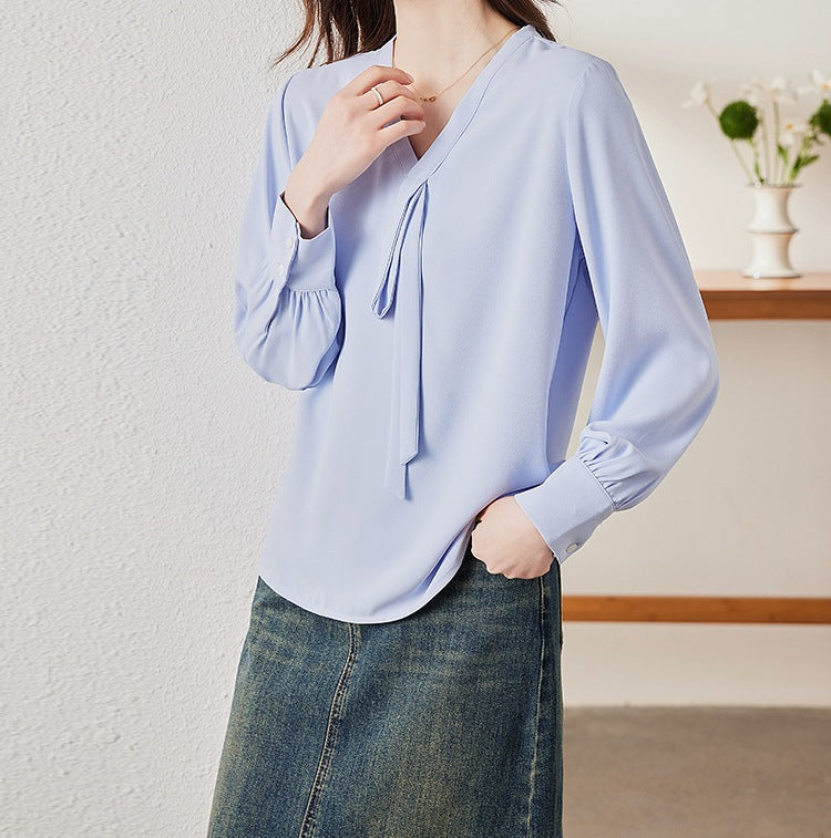 Women's White Chiffon Strap V-Neck Top - Spring & Autumn Blouse
