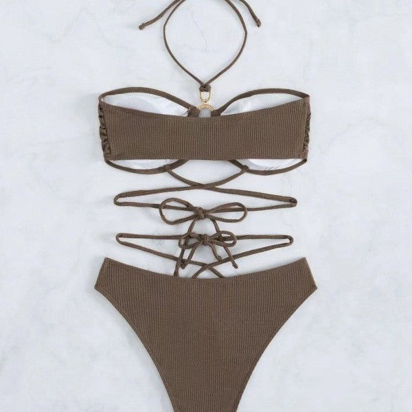 Solid Color Ring Lace Neck Bikini Split Swimsuit