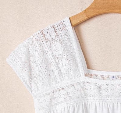 Women's Loose Lace Patchwork Square Neck Short Sleeve Blouse – Spring & Summer Casual Solid Color Top