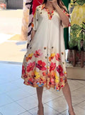 Women's Summer Floral Print Turn-Down Collar Short Sleeve Pocket Dress