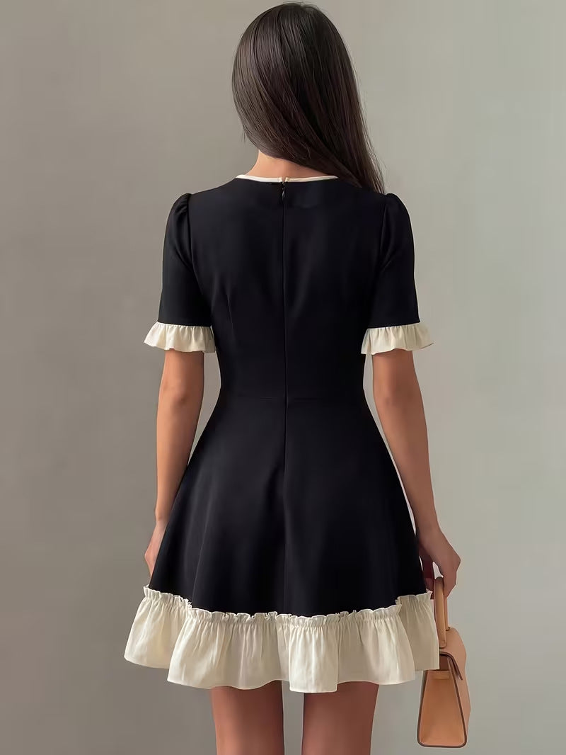 Women's Summer Contrast Color V-Neck Ruffle Tie-Waist A-Line French Style Mini Dress