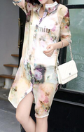 Women Summer Label Collar Chiffon Floral Printed Cover Up Yellow