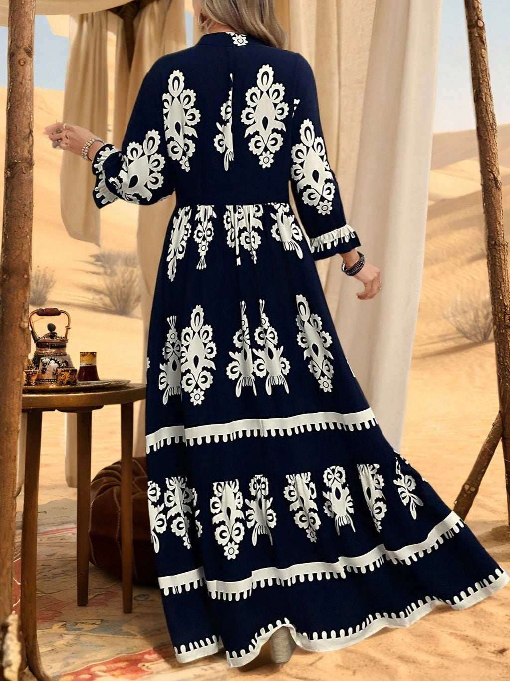 Women's Vintage Print V-Neck Long Dress, Plus Size High Waist Tie Waist Loose Fit Casual Fashion Maxi Dress