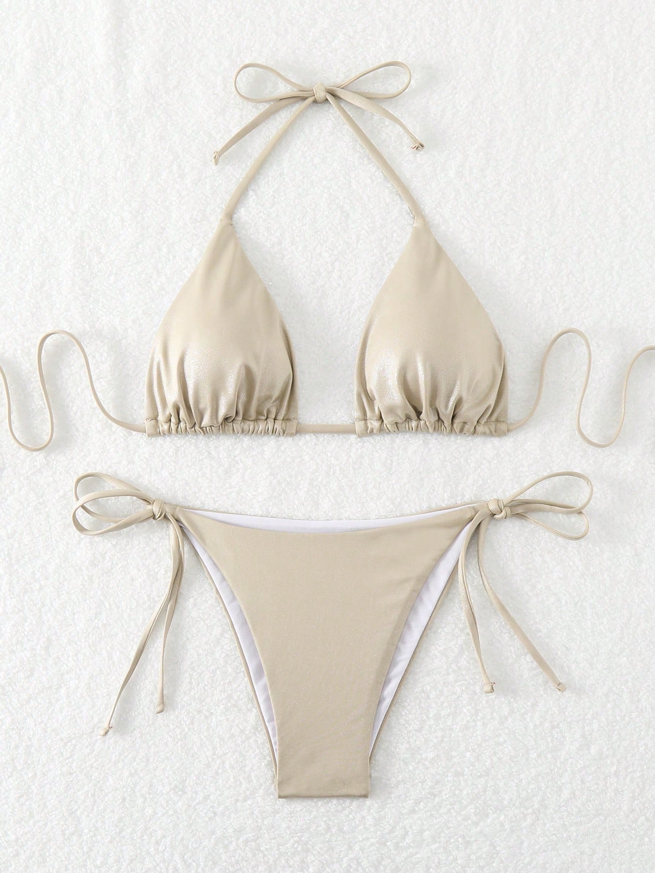 New Solid Color Lace-Up Neck Bikini with High-Slit Flash Fabric