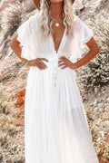 Women Long Open Front Ruffle Sleeve Button Waist Rope Long Skirt