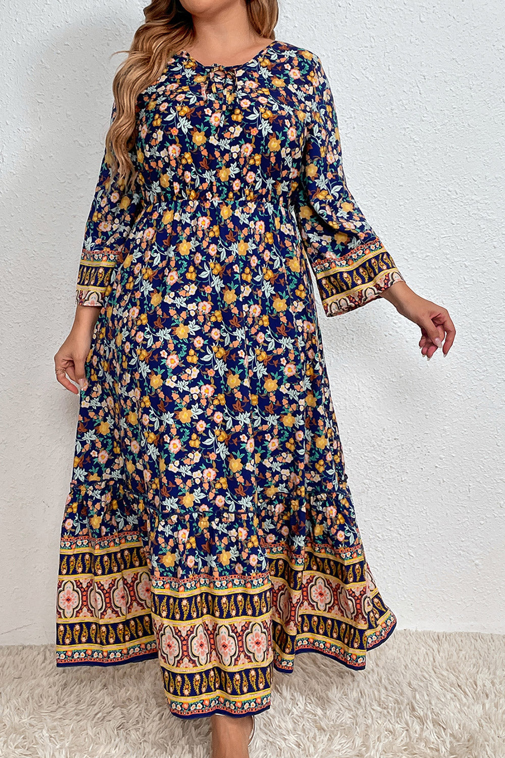 Women Plus Long Sleeve Floral Print High Waist Maxi Dress