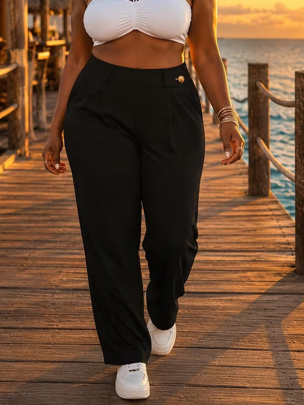 Women’s Plus-Size Wide-Leg Long Pants – Solid Color Loose Fit Straight Casual Pants
