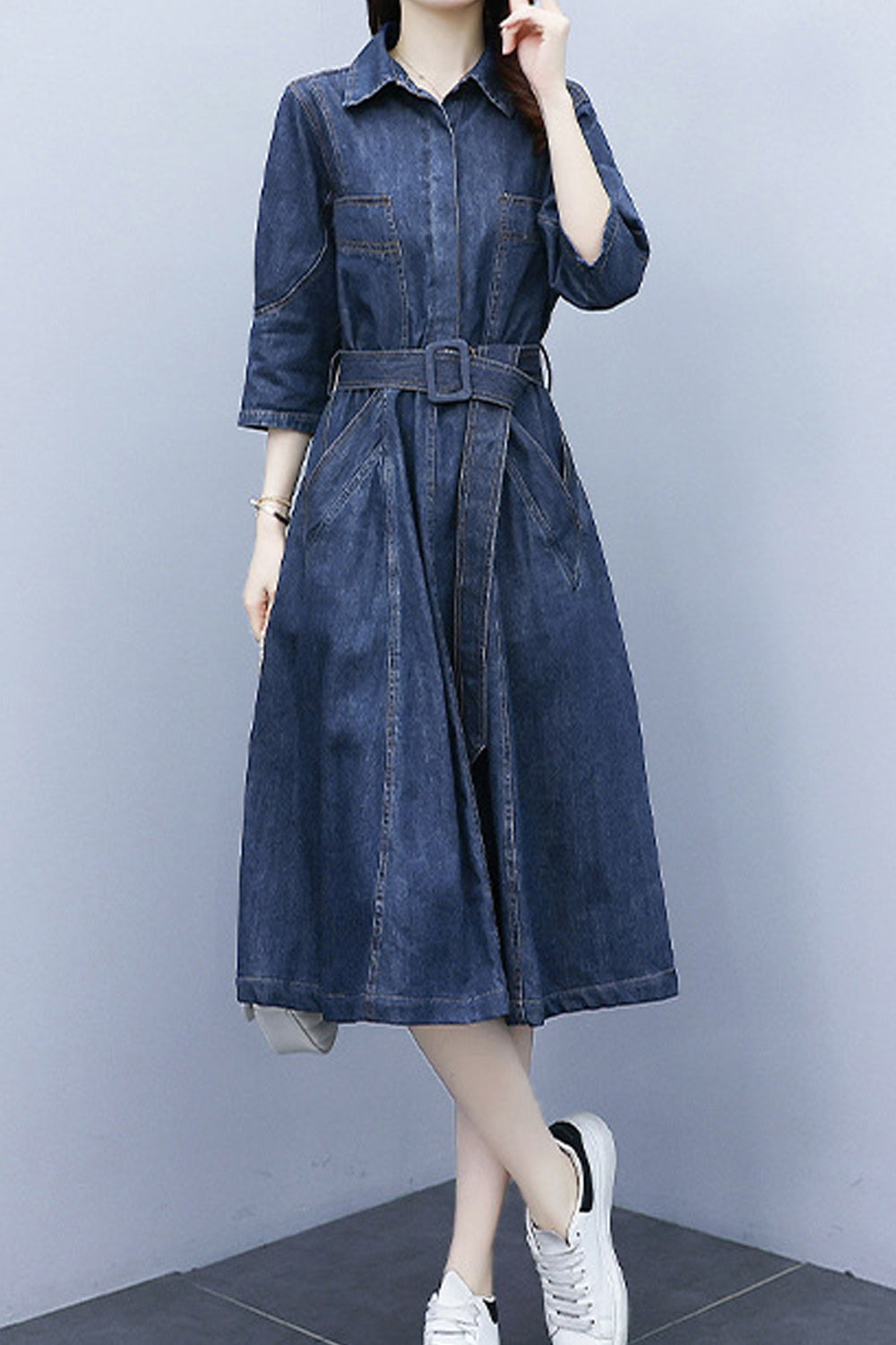 Women Stylish Collar Short Sleeve Awesome Solid Colored Mid-Length Autumn Casual Denim Dress