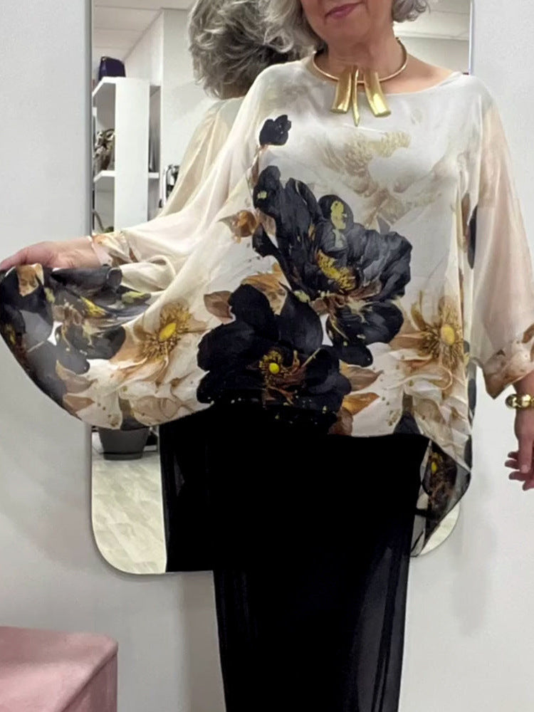 Women's Summer Loose-Fit Round Neck Long Sleeve Irregular Hem Floral Shirt Top