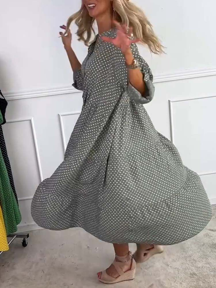 Women's Summer Printed Stand-Up Collar Polka Dot Button Loose Dress