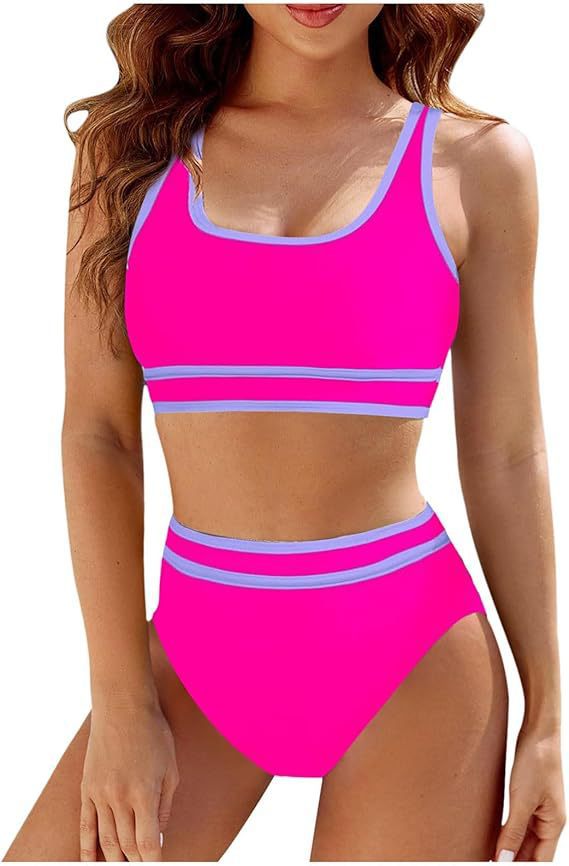 Sporty Color-Match High-Waist Bikini Set with Vest Top