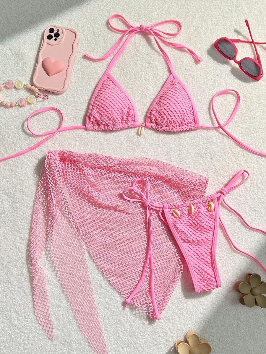 Style Fresh Beach Shell Three-Piece Mesh Bikini Swimsuit
