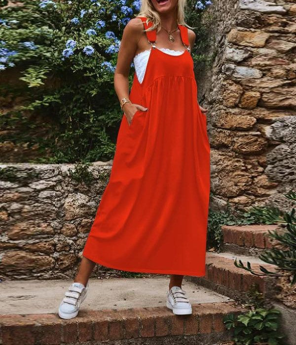 Plus Size Women's Solid Color Loose Casual Strap Maxi Dress with Relaxed Fit for Everyday Wear