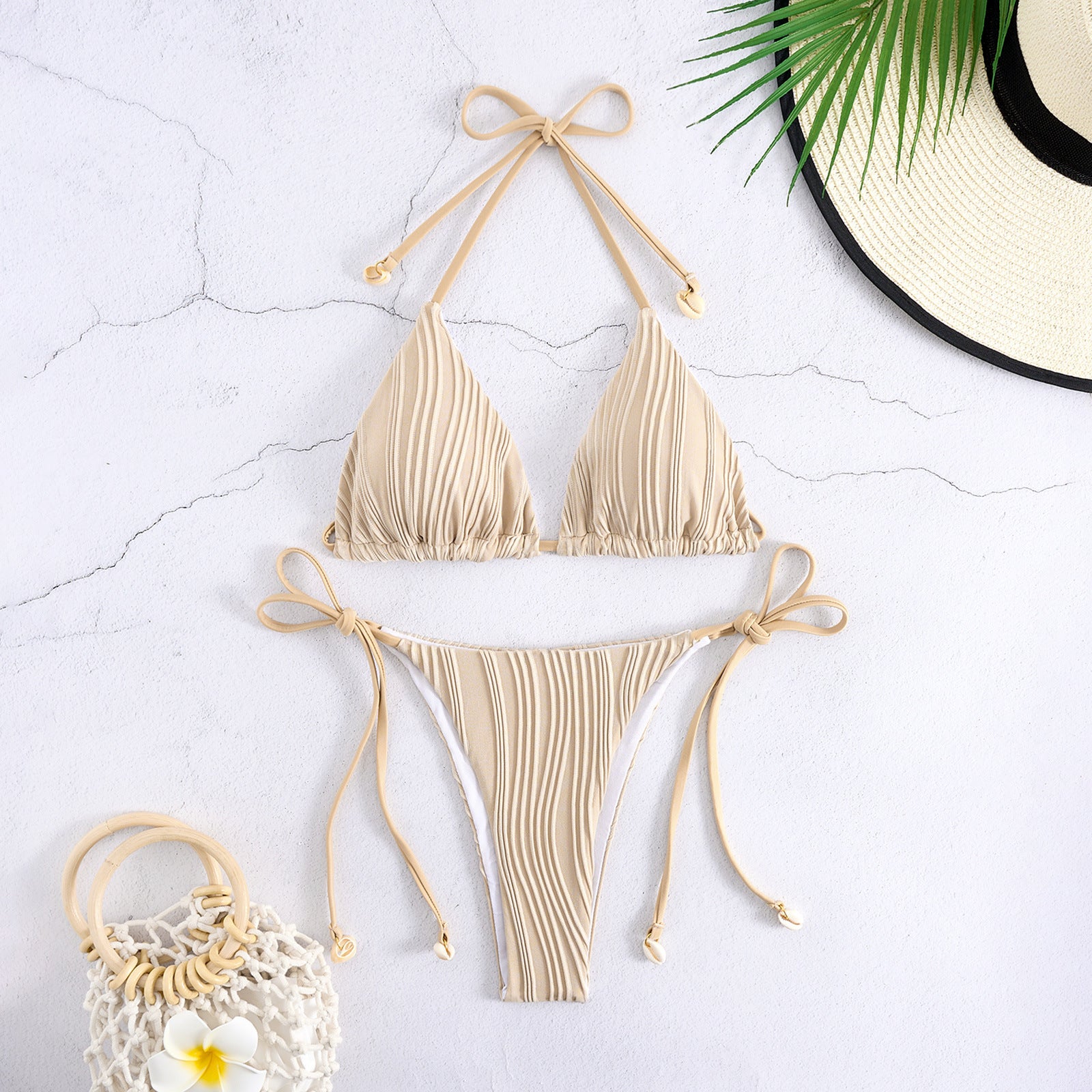 Solid Color Shell Lace Neck Bikini with Split Bottom