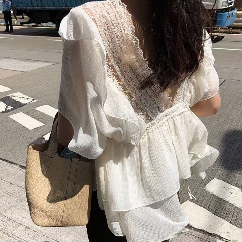 Women's Ruffled V-Neck Lace Chiffon Blouse – Elegant Loose Fit Short Sleeve Apricot Cream Top