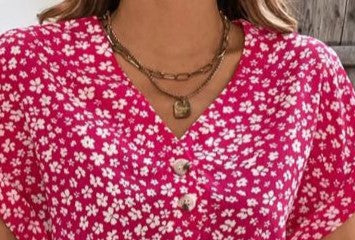 Summer Women's Printed V-Neck Button Front Short Sleeve Casual T-Shirt Top