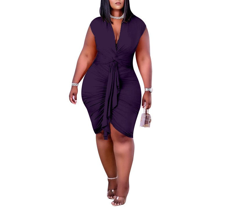 Plus Size Women's Tie-Up Bodycon Dress – Curvy Fit, Summer/Spring Style, Elegant Tight Skirt for Hourglass Silhouette