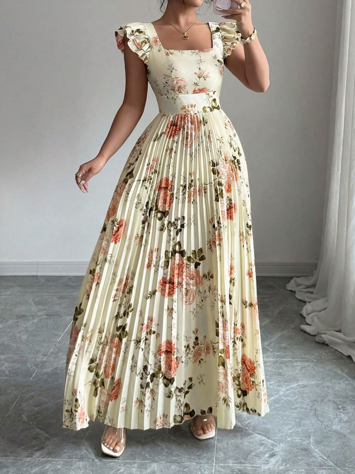 Women's Floral Print Flutter Sleeve Pleated Midi Dress with Defined Waist, Elegant Everyday Style
