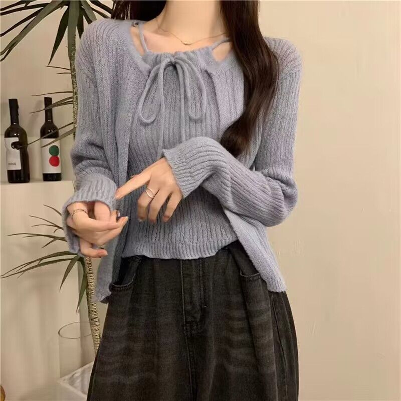 Women's Small Short Knitted Sweater Two-Piece Set - Camisole & Cardigan