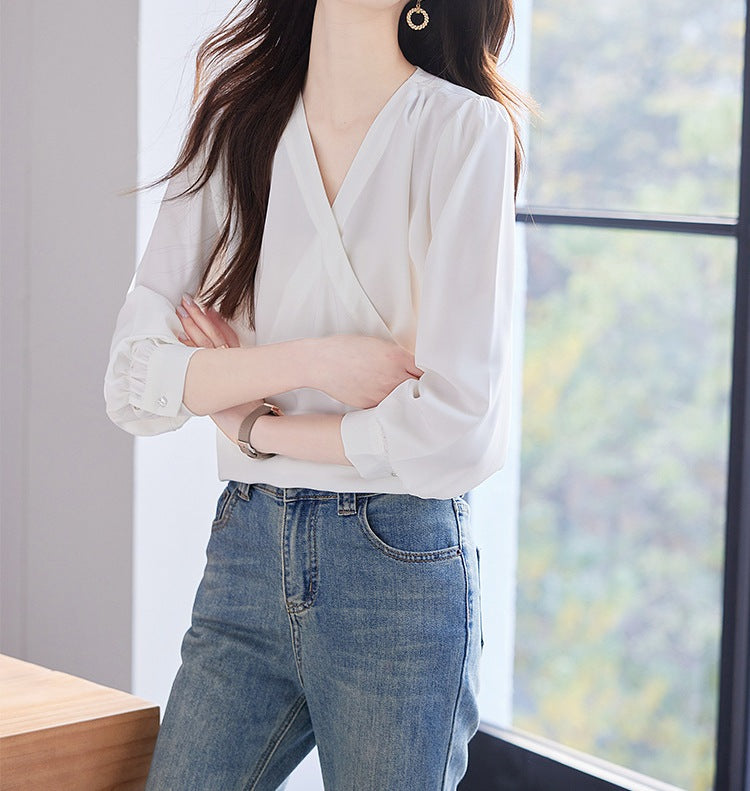 Women's Spring & Autumn Apricot V-Neck Long Sleeve Top