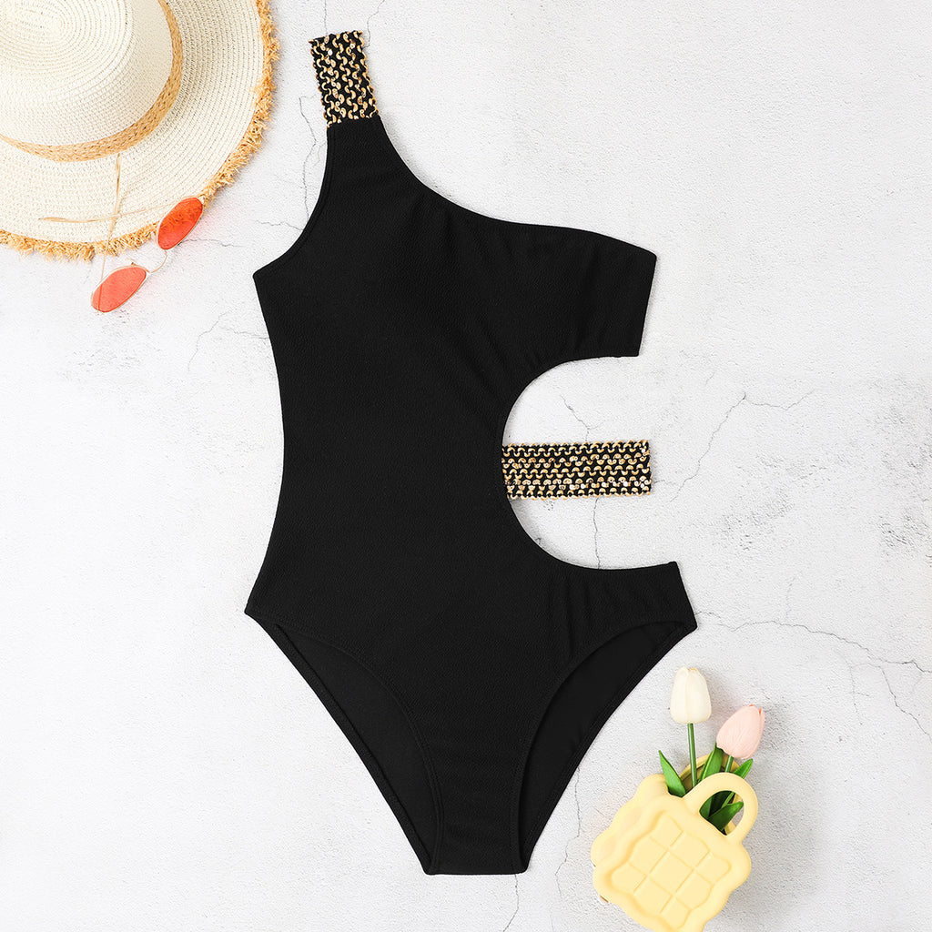 New Solid Color One-Shoulder Hollow One-Piece Bikini Swimsuit