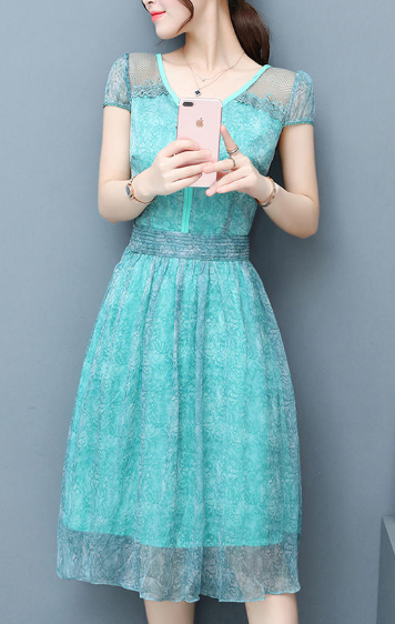 Women Chiffon Lace Sleeve Party Dress