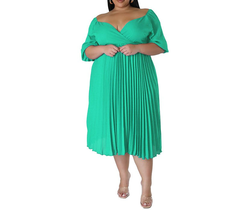Women's Plus Size V-Neck Pleated Hem Short Sleeve Dress – Elegant Casual Flowy Midi Dress