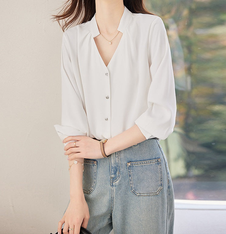 Women's V-Neck Long Sleeve Shirt - Spring & Autumn Formal Blouse