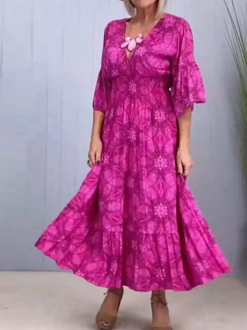 Summer New Printed V Neck Elegant Dress for Women
