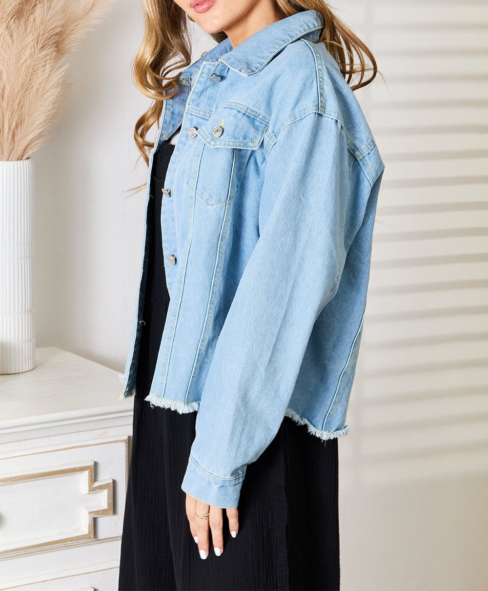 Women's Double Take Dropped Shoulder Raw Hem Denim Jacket