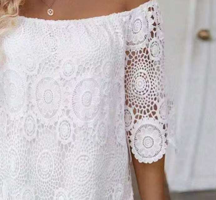 Women's Solid Color One-Shoulder Short Sleeve Lace Cutout Dress