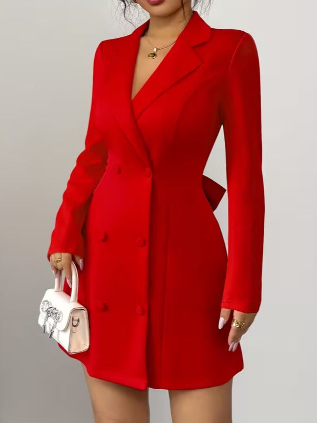 Women's Elegant Double-Breasted V-Neck Long-Sleeve Back Bow Short Dress with Open Back Detail